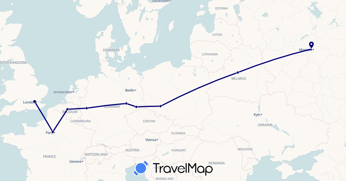 TravelMap itinerary: driving in Belgium, Belarus, Germany, France, United Kingdom, Poland, Russia (Europe)